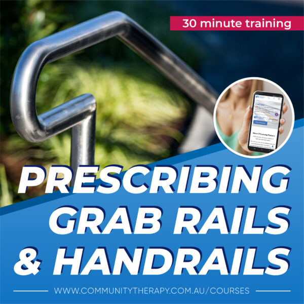 A handrail in the background with written text saying prescribing grab rails and handrails