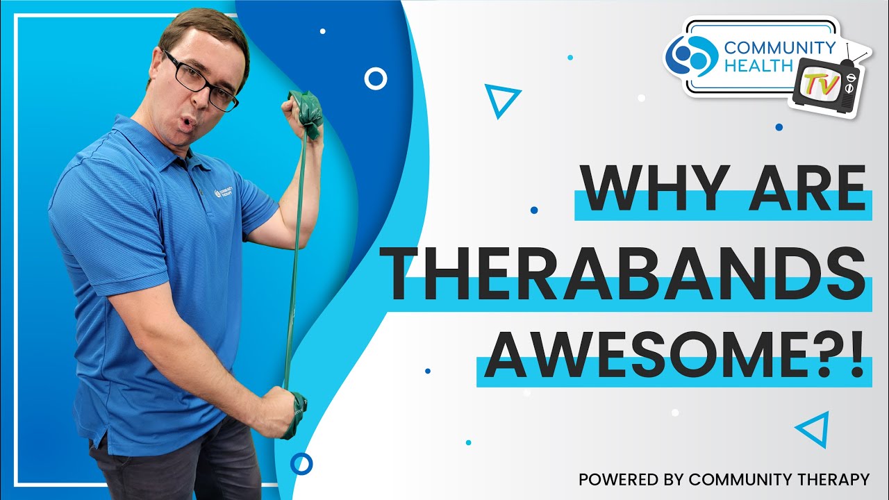 Scott Lynch from Community Therapy holding and pulling a green theraband in both hands. Thumnail for the video which has the title 'Why are Therabands awesome?'