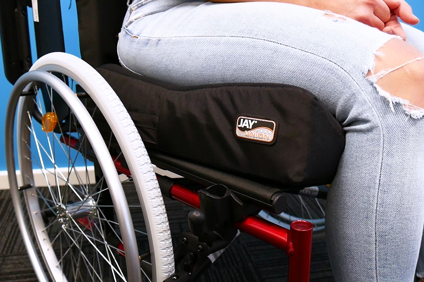 Close up of a Jay Union pressure care cushion on a wheelchair