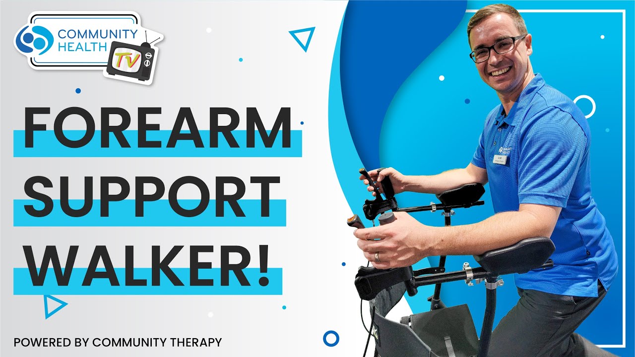Scott leaning on a forearm support walker for video thumbnail