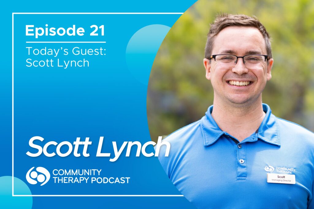 The title card for episode 21 of the Community Therapy podcast. The card includes a photo of the guest of the episode, Scott Lynch, smiling.